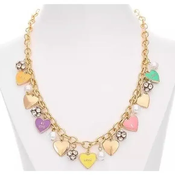 Gold Tone Heart Charm Necklace Crystal Faux Pearl Trendy Fashion Chic Style NWT - Picture 1 of 8